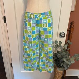 Lilly Pulitzer checkered cropped green/blue/white 4 beach pockets capri pants